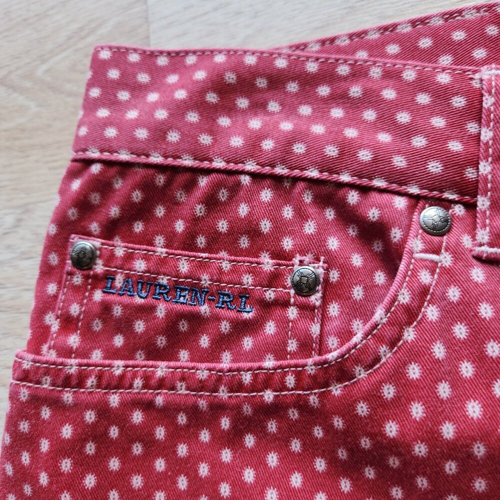 Vintage Lauren Ralph Lauren Polka Dot Red White Denim Crop Pants Pocket Cotton - Picture 4 of 7